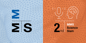 MMS Days Logo befindet sich auf einem hellblauen Hintergrund und das Logo zum 2.Science Slam Logo auf einem orangefarbenen Hintergrund. Hinter beiden Logos befindet sich ein verzehrtes Netz aus Dreiecken.