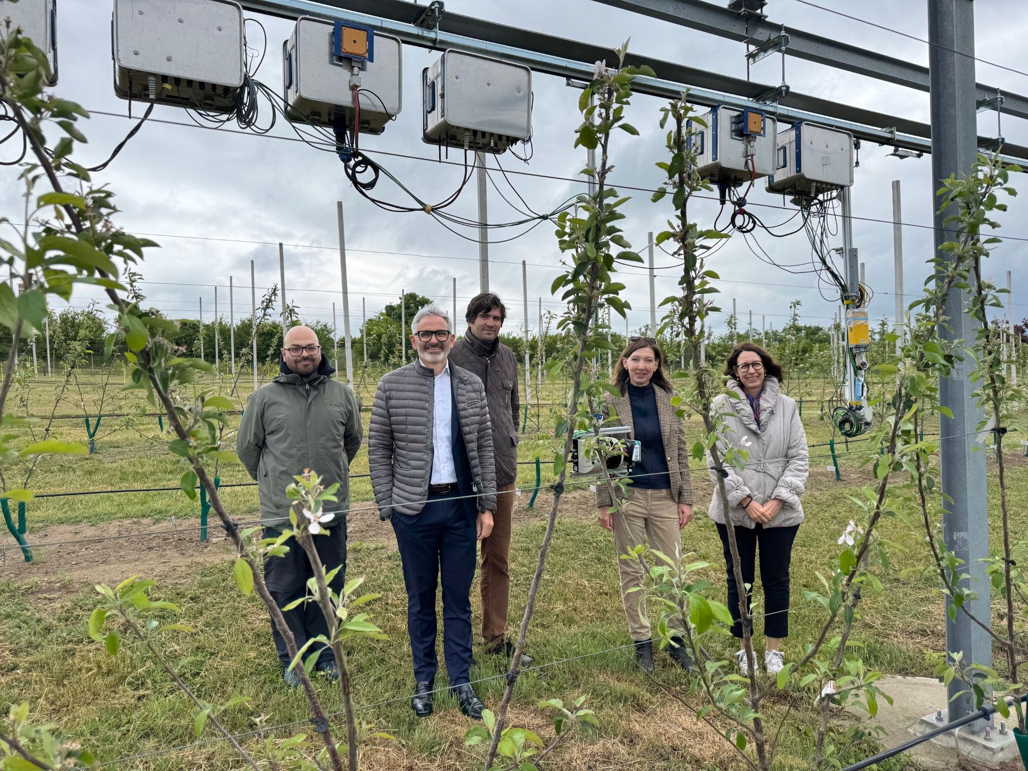 5 people behind apple trees and a sensor.